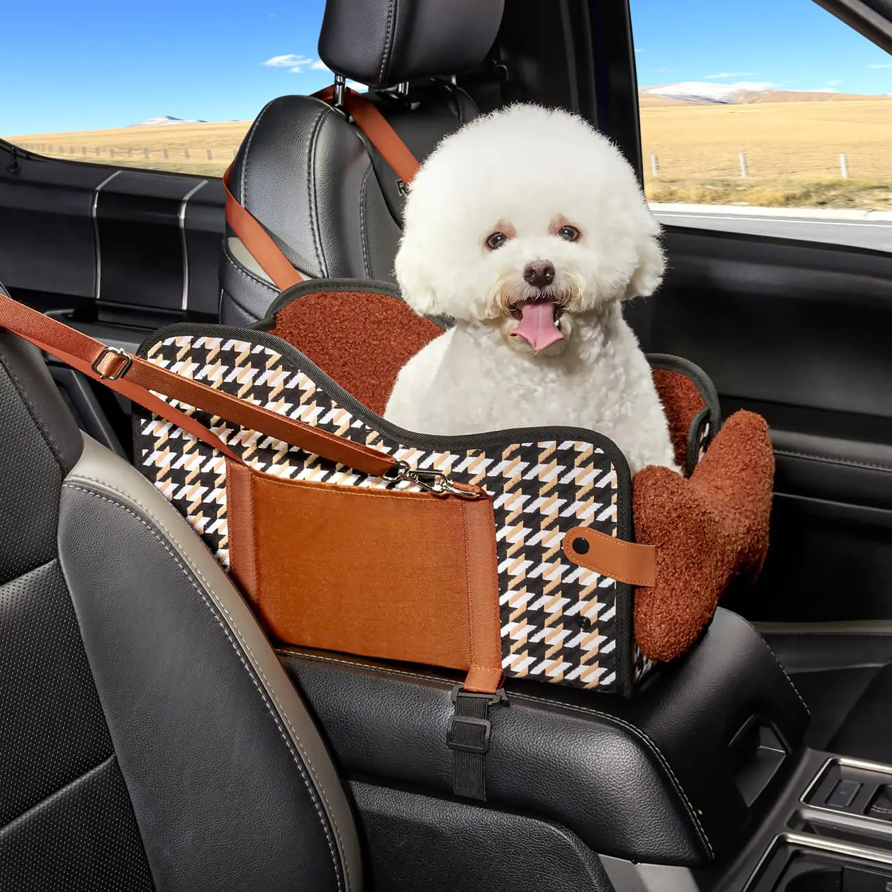 Asiento para perro en consola central del coche