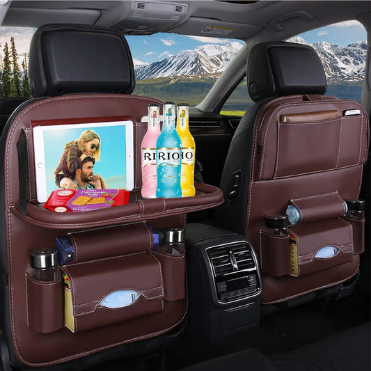 Organizador de cuero para el asiento trasero del coche con mesa plegable